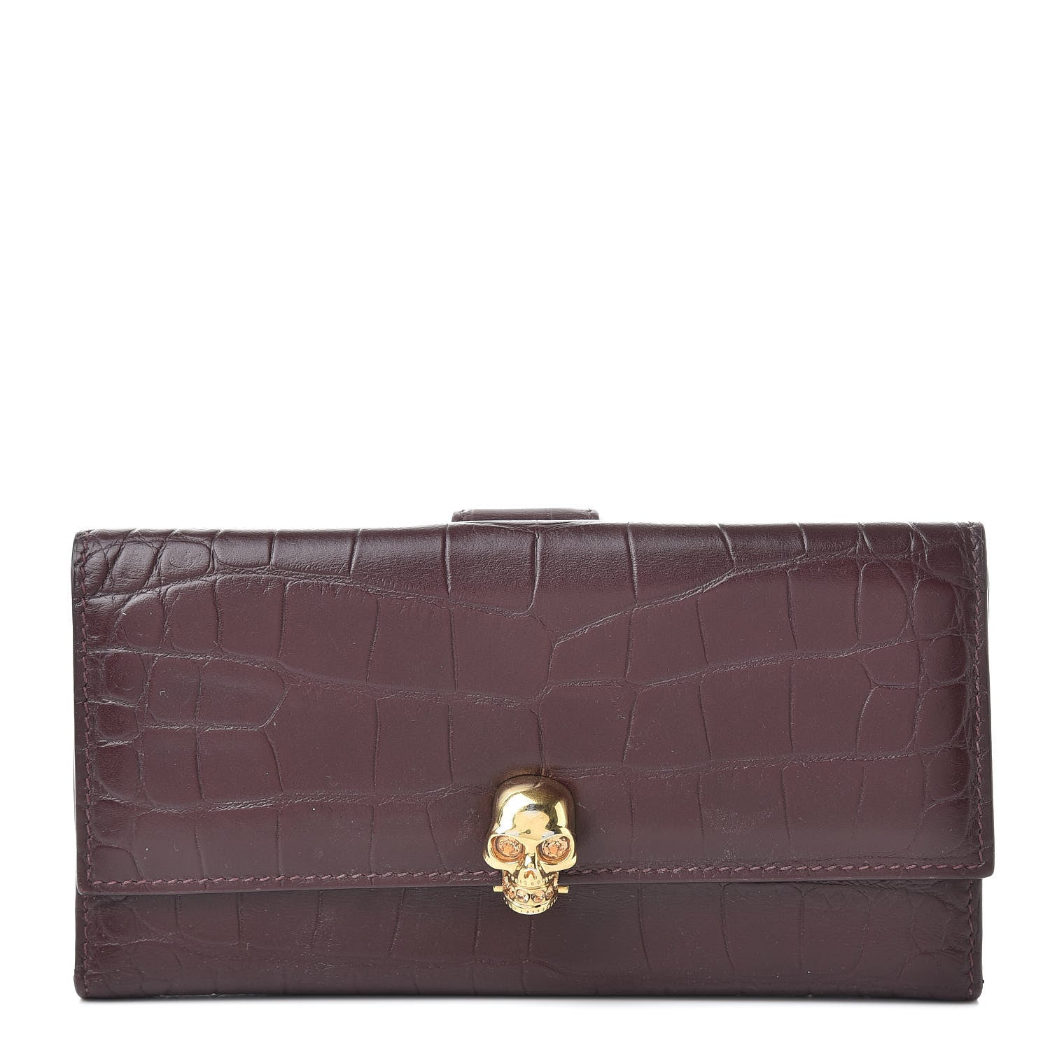 Alexander McQueen Silky Calfskin Crocodile Embossed Skull Continental Wallet Bordeaux 1 of 10