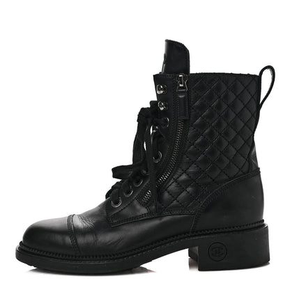 Chanel Calfskin Quilted Lace Up Combat Boots 37 Black 1 of 13