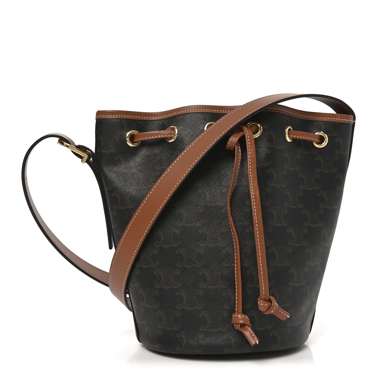 Celine Triomphe Canvas Calfskin Small Drawstring Bucket Bag Tan 1 of 10