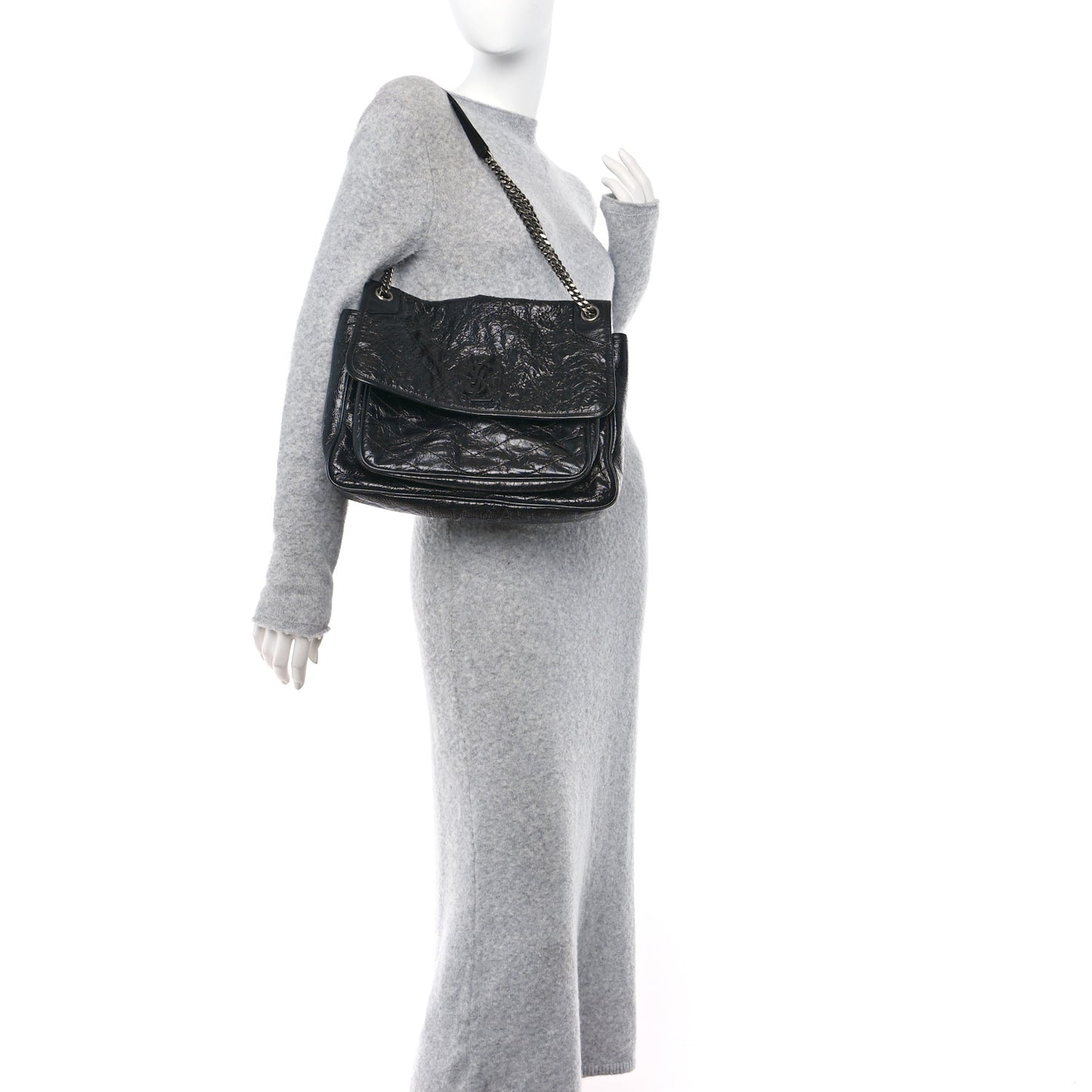 Crinkled Calfskin Matelasse Monogram Large Niki Chain Satchel Black