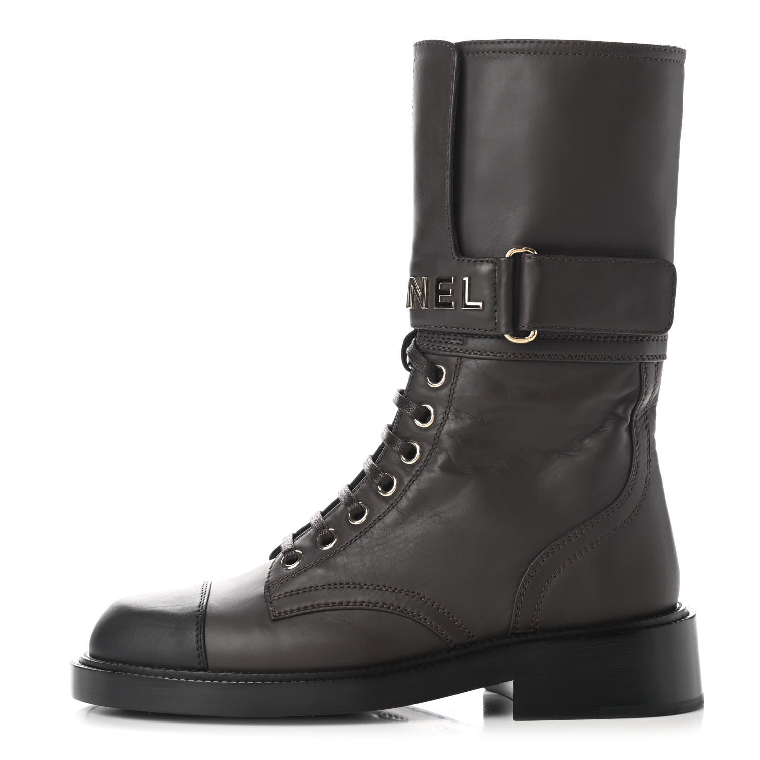 Chanel Shiny Calfskin Lace Up Combat Boots 35 Dark Brown Black 1 of 8
