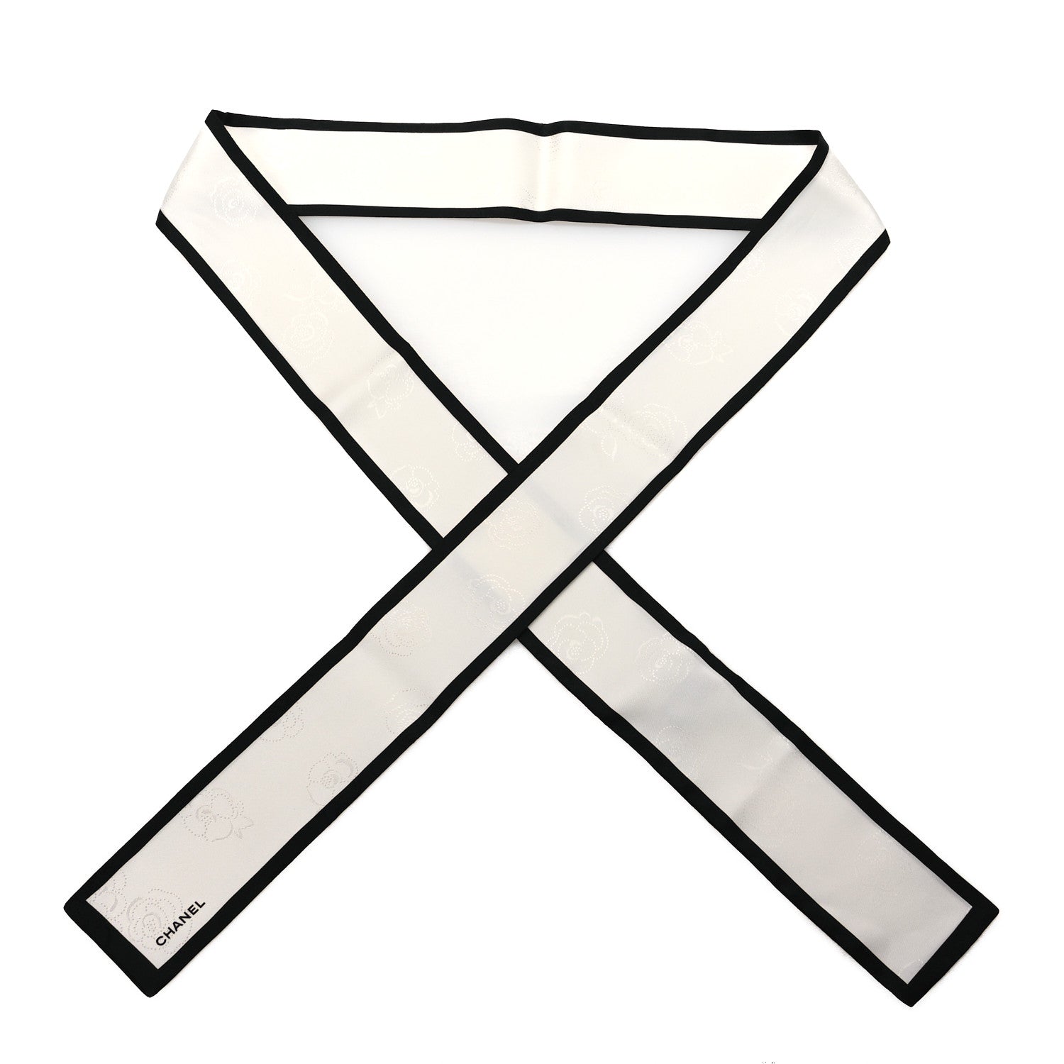 Chanel Silk CC Slim Camellia Bandeau Scarf Ecru Black 1 of 8