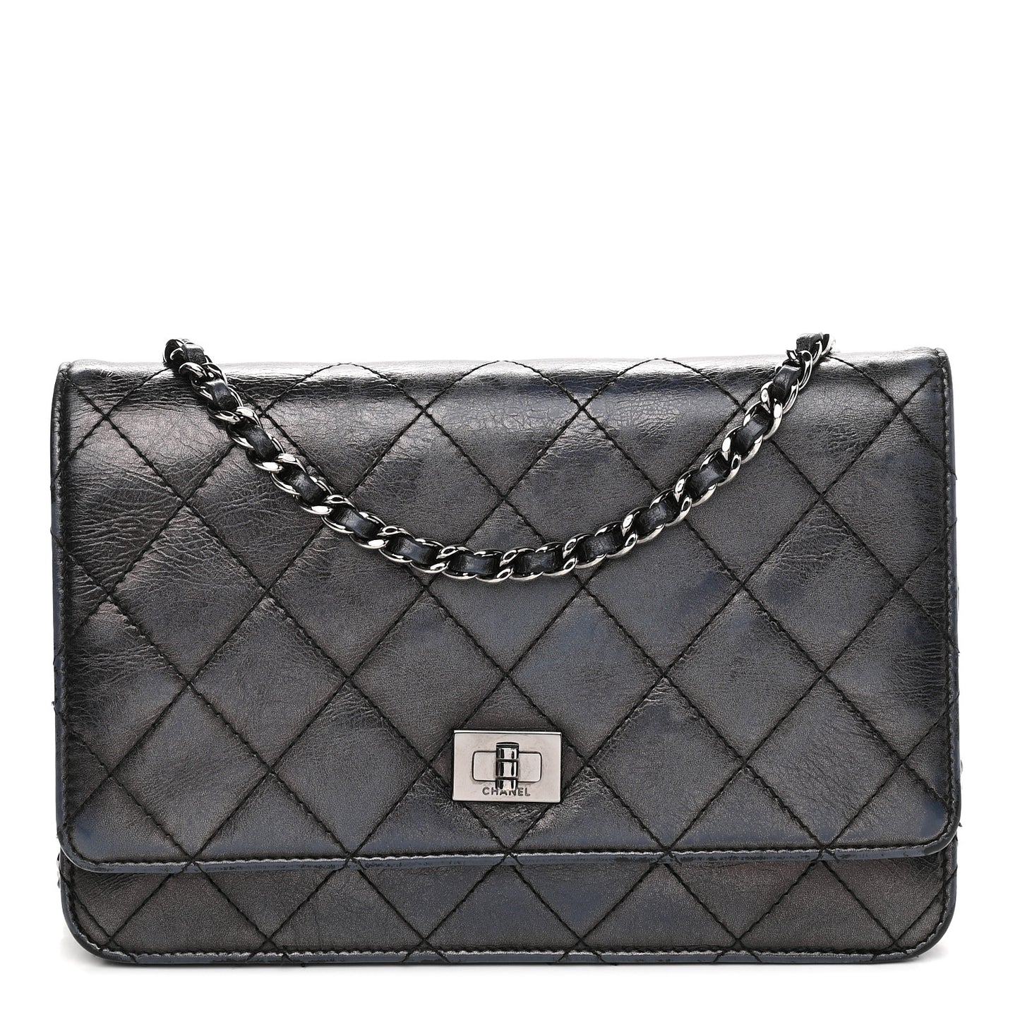 Metallic Aged Calfskin Quilted Reissue Wallet On Chain WOC Black