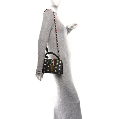 Gucci Textured Calfskin Bee Star Print Mini Sylvie Top Handle Bag Black 2 of 10