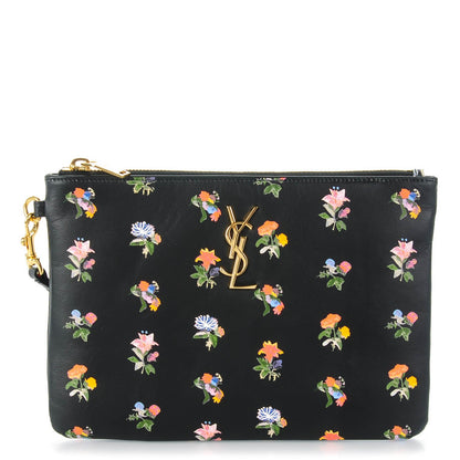 Saint Laurent Calfskin Prairie Flower Printed Monogram Pouch Black Multicolor 1 of 7