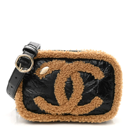 Chanel Shiny Crumpled Sheepskin Shearling CC Mania Waist Bag Black Light Brown 1 of 11