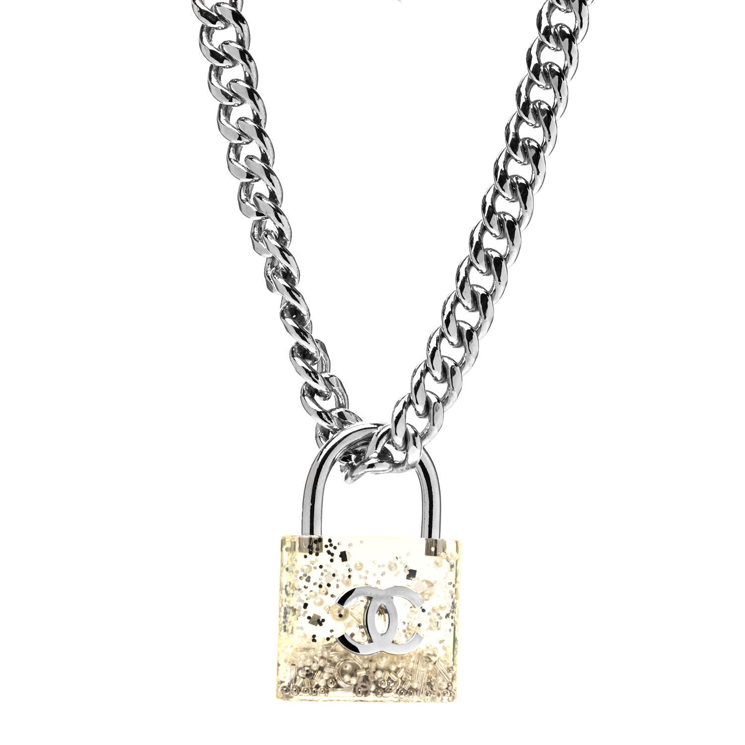 Chanel Resin CC Oversized Padlock Chain Necklace Silver Pearly White 1 of 4