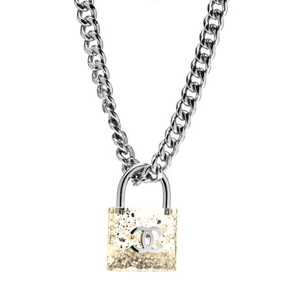 Chanel Resin CC Oversized Padlock Chain Necklace Silver Pearly White 1 of 4