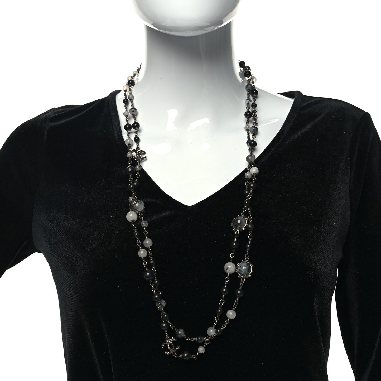 Pearl Beaded CC Long Necklace Silver Black