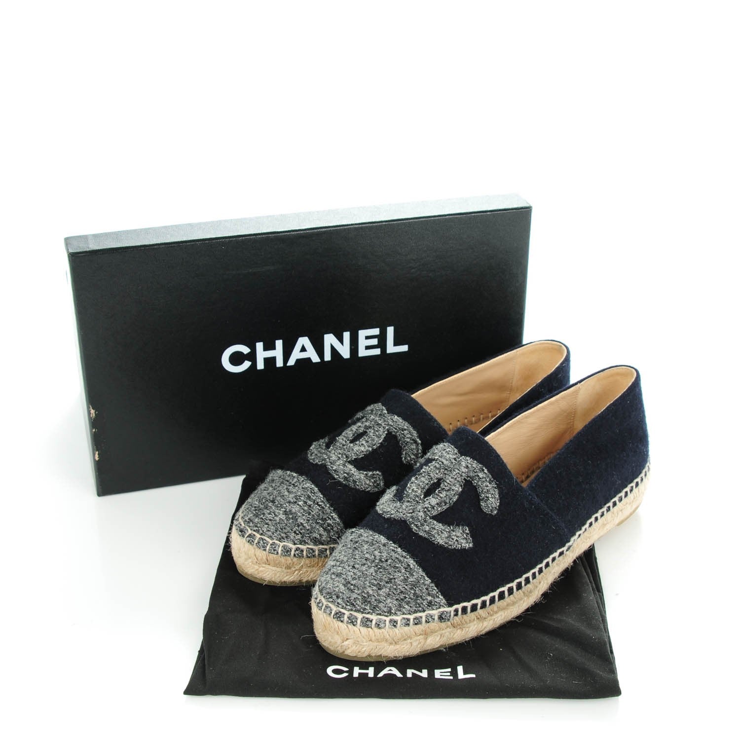 Chanel Velvet Tweed CC Espadrilles 37 Navy Grey 10 of 11