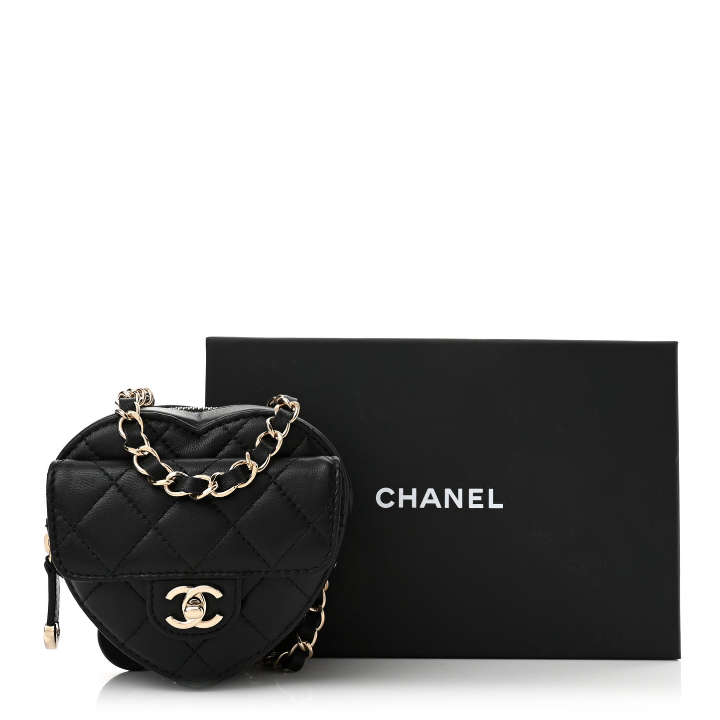 Lambskin Quilted CC In Love Heart Waist Belt Bag With Chain Black