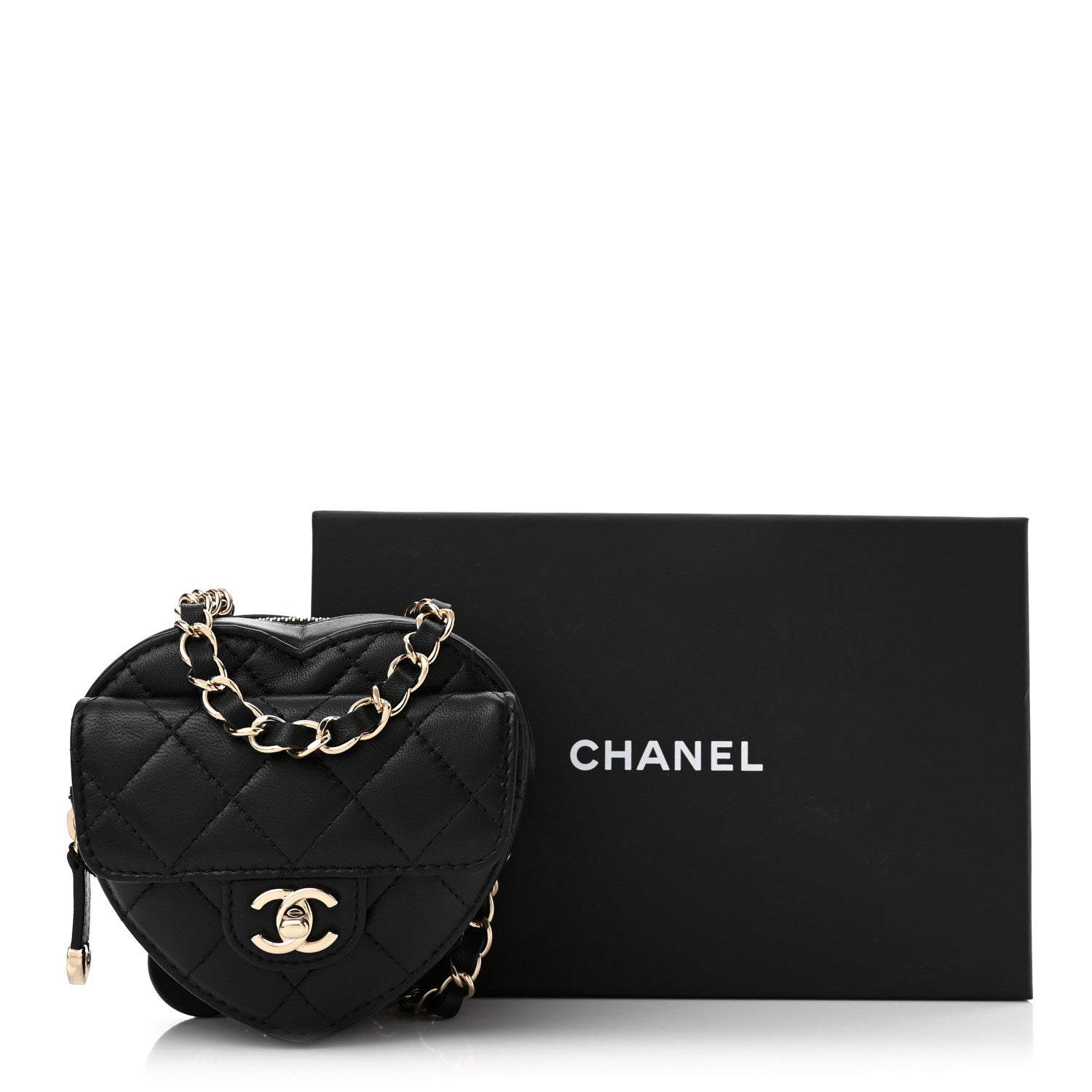 Chanel Lambskin Quilted CC In Love Heart Waist Belt Bag With Chain Black 10 of 10