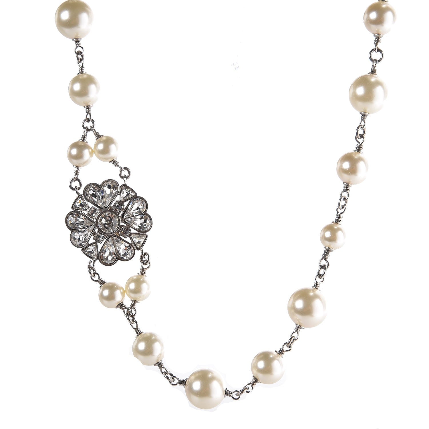 Chanel Pearl Crystal CC Short Necklace Silver 1 of 7