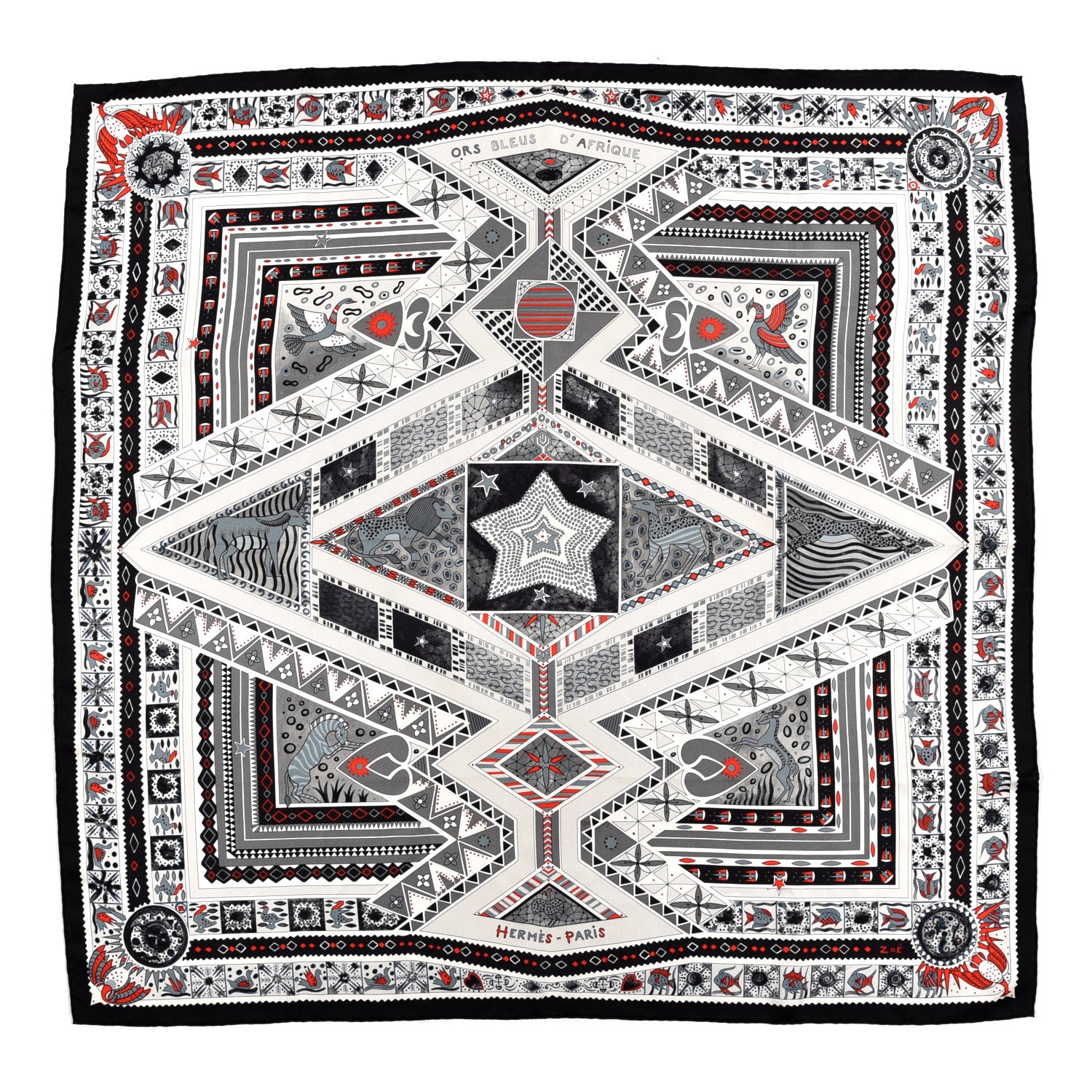 Hermes Silk Ors Blues d'Afrique Scarf 90 Noir Gris Rouge 1 of 7
