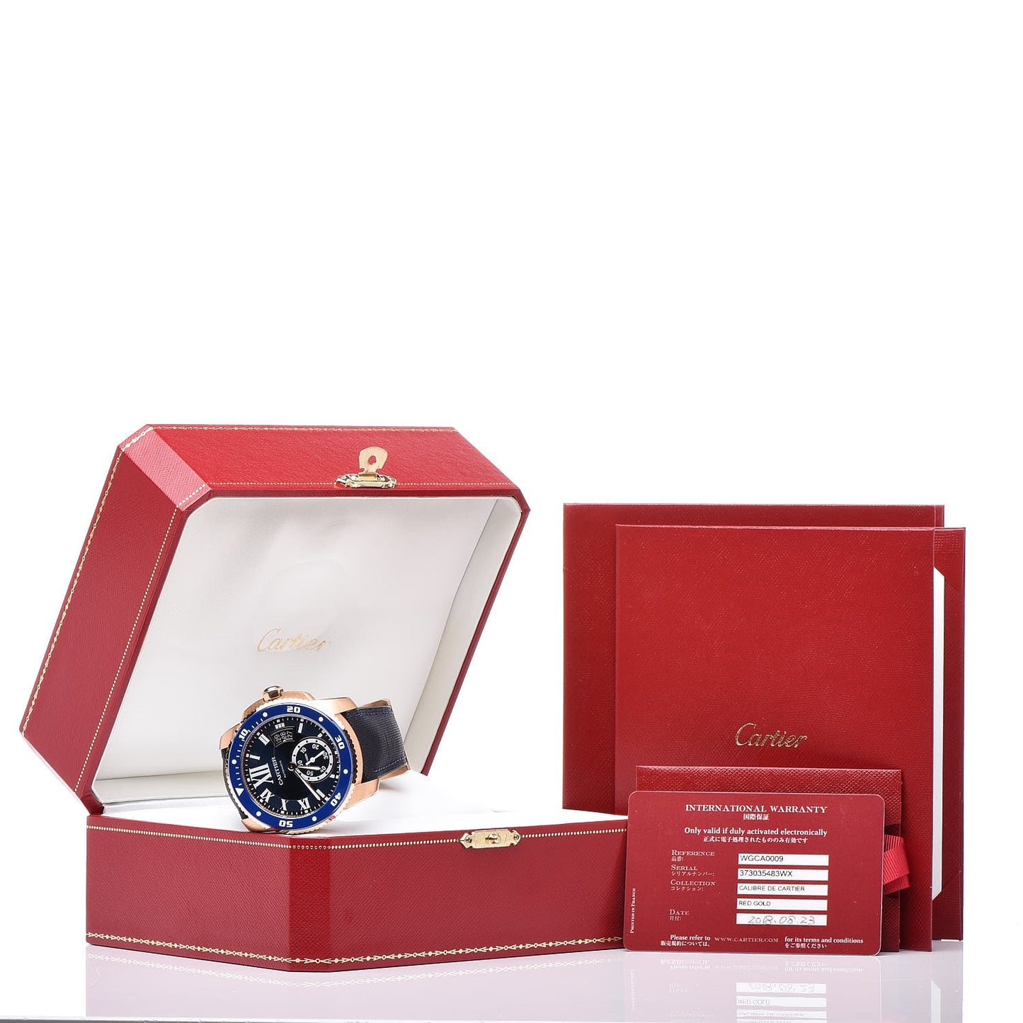 18K Pink Gold Rubber 42mm Calibre de Cartier Diver Automatic Watch Blue
