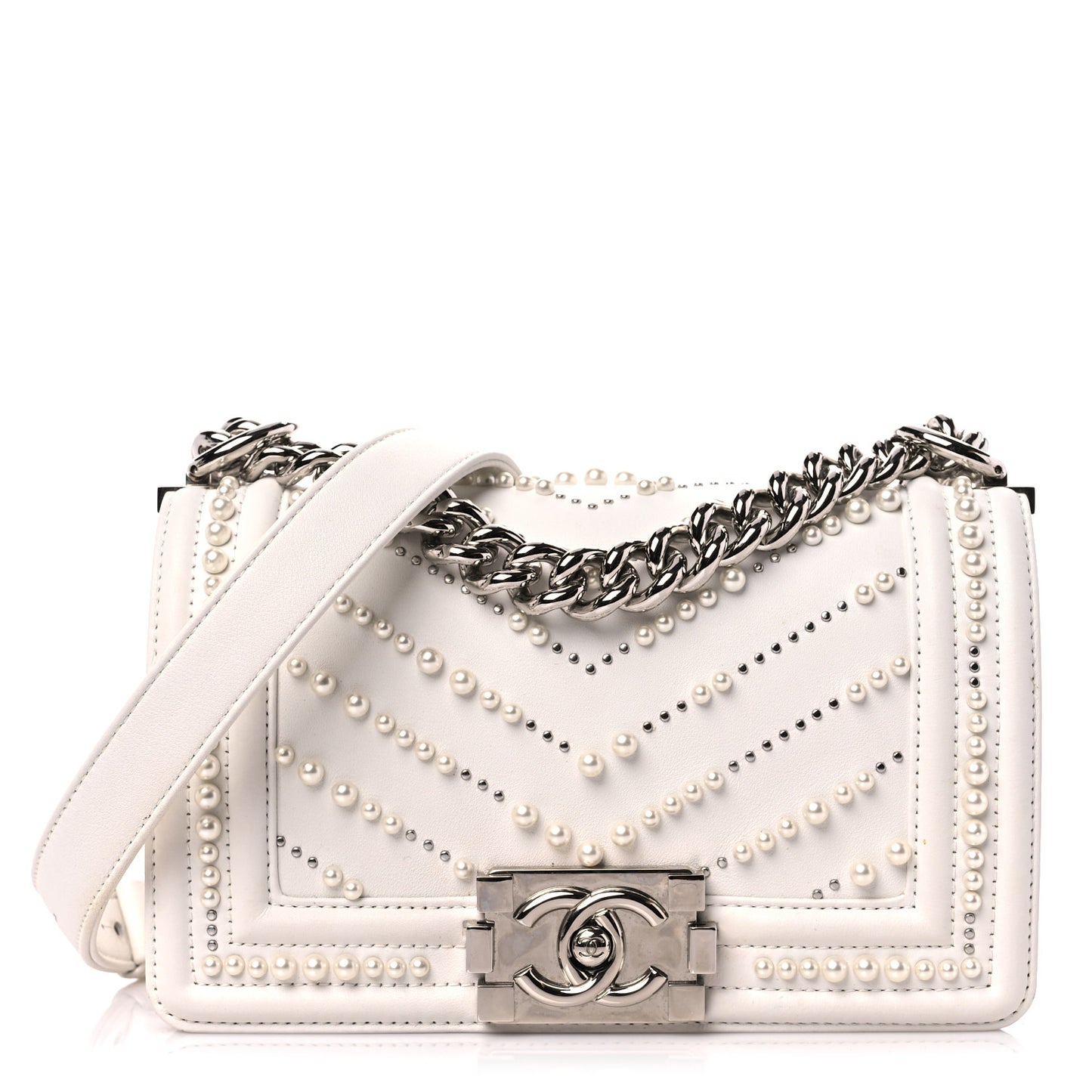 Calfskin Pearl Chevron Small Boy Flap White