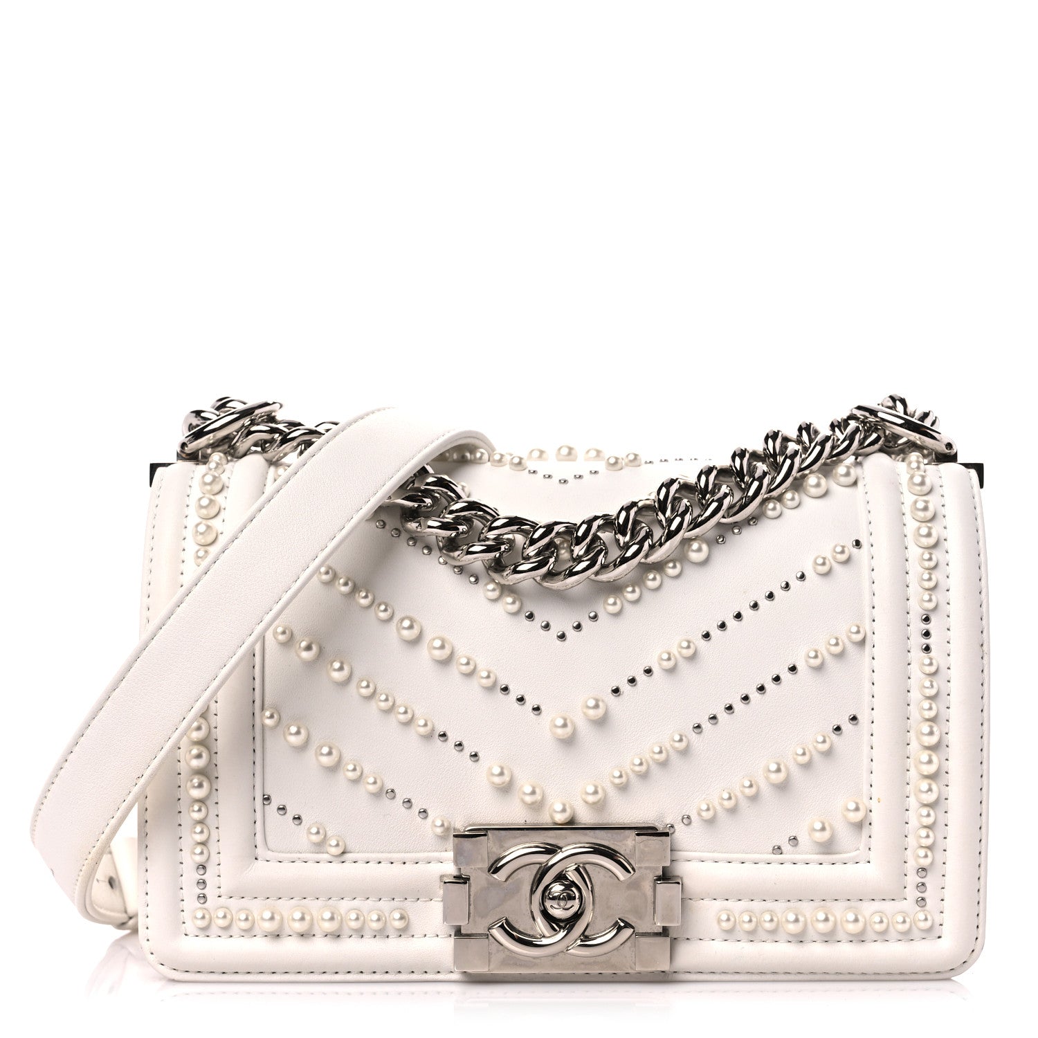 Chanel Calfskin Pearl Chevron Small Boy Flap White 1 of 18