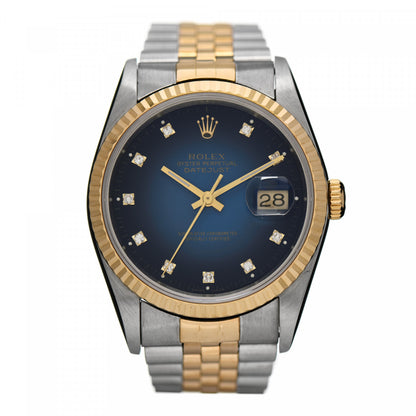 Rolex Stainless Steel 18K Yellow Gold Diamond 36mm Oyster Perpetual Datejust Watch Blue 16233 1 of 4