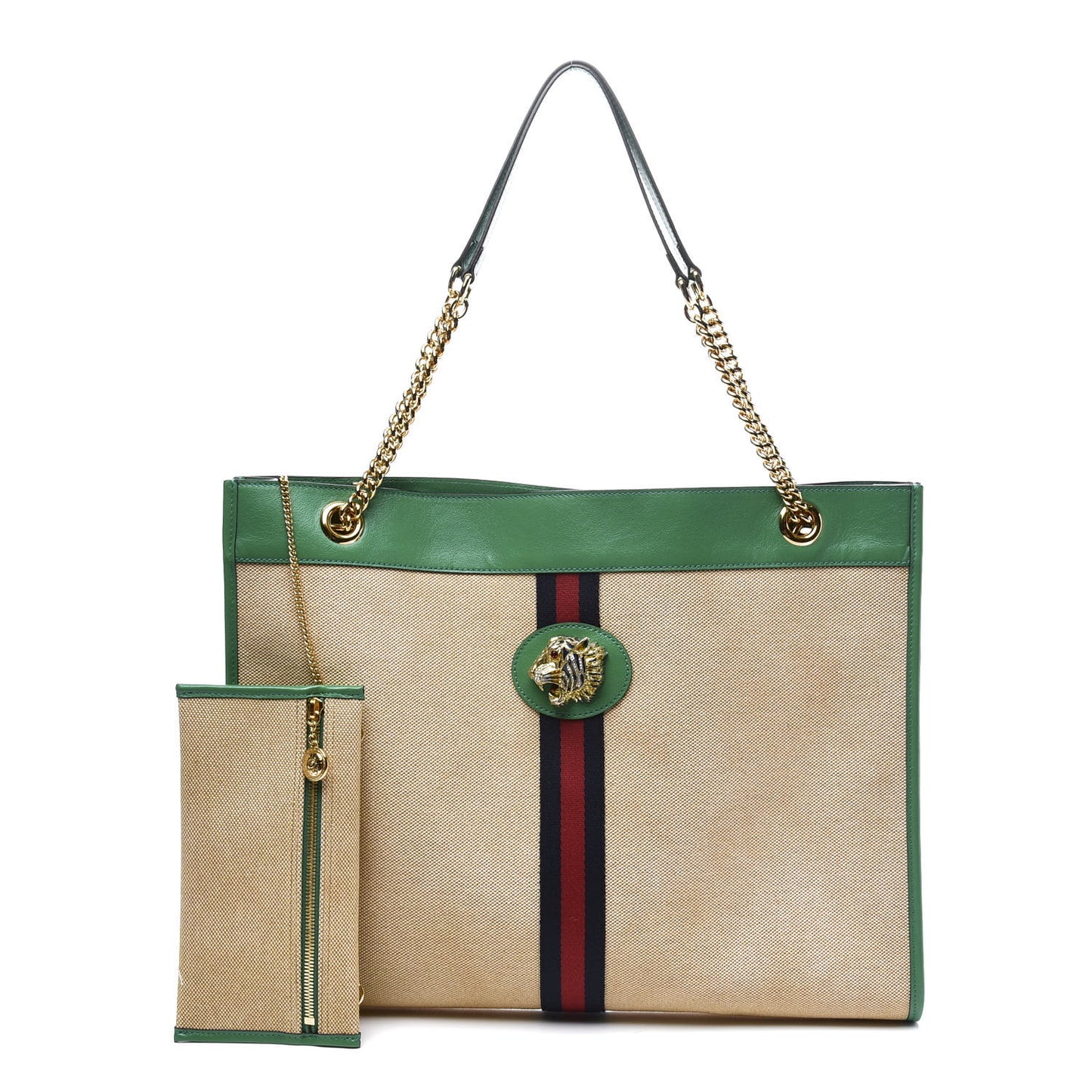 Canvas Calfskin Large Rajah Chain Tote Beige Green