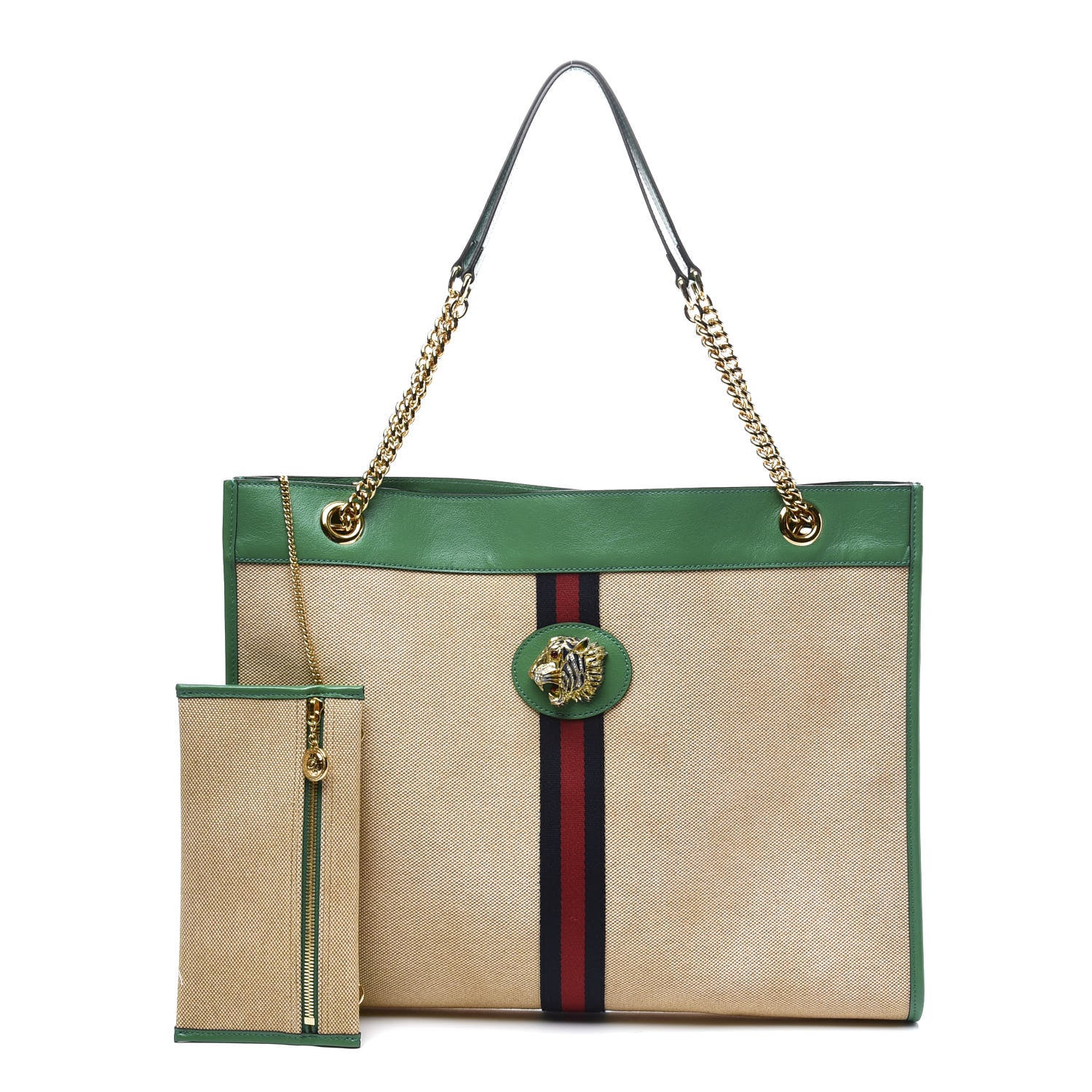 Gucci Canvas Calfskin Large Rajah Chain Tote Beige Green 1 of 12