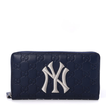 Gucci X MLB Guccissima Signature NY Yankees Embroidered Zip Around Wallet Royale Ivory 1 of 9