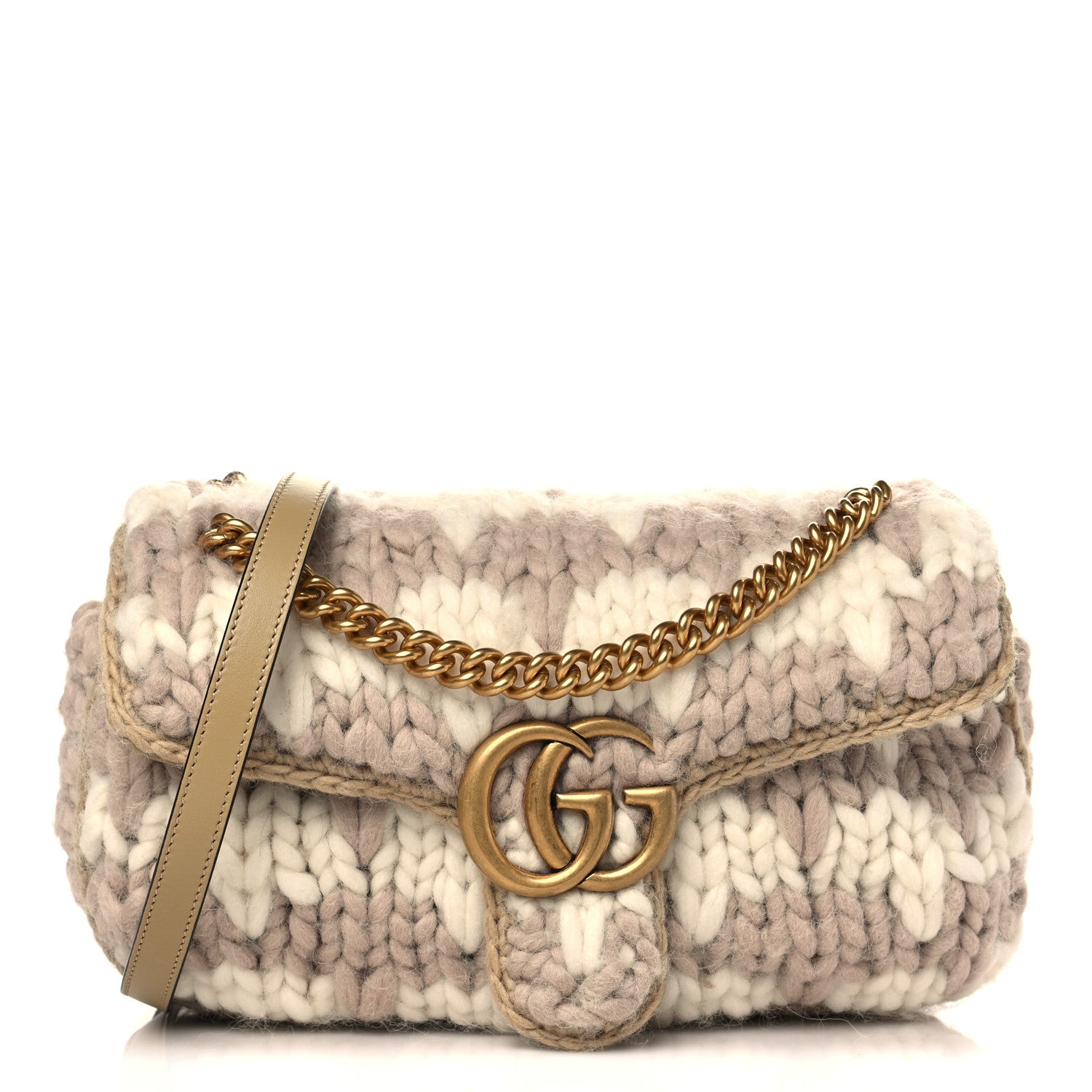 Gucci Wool Houndstooth Woven Small GG Marmont Shoulder Bag Beige White Sand 1 of 9