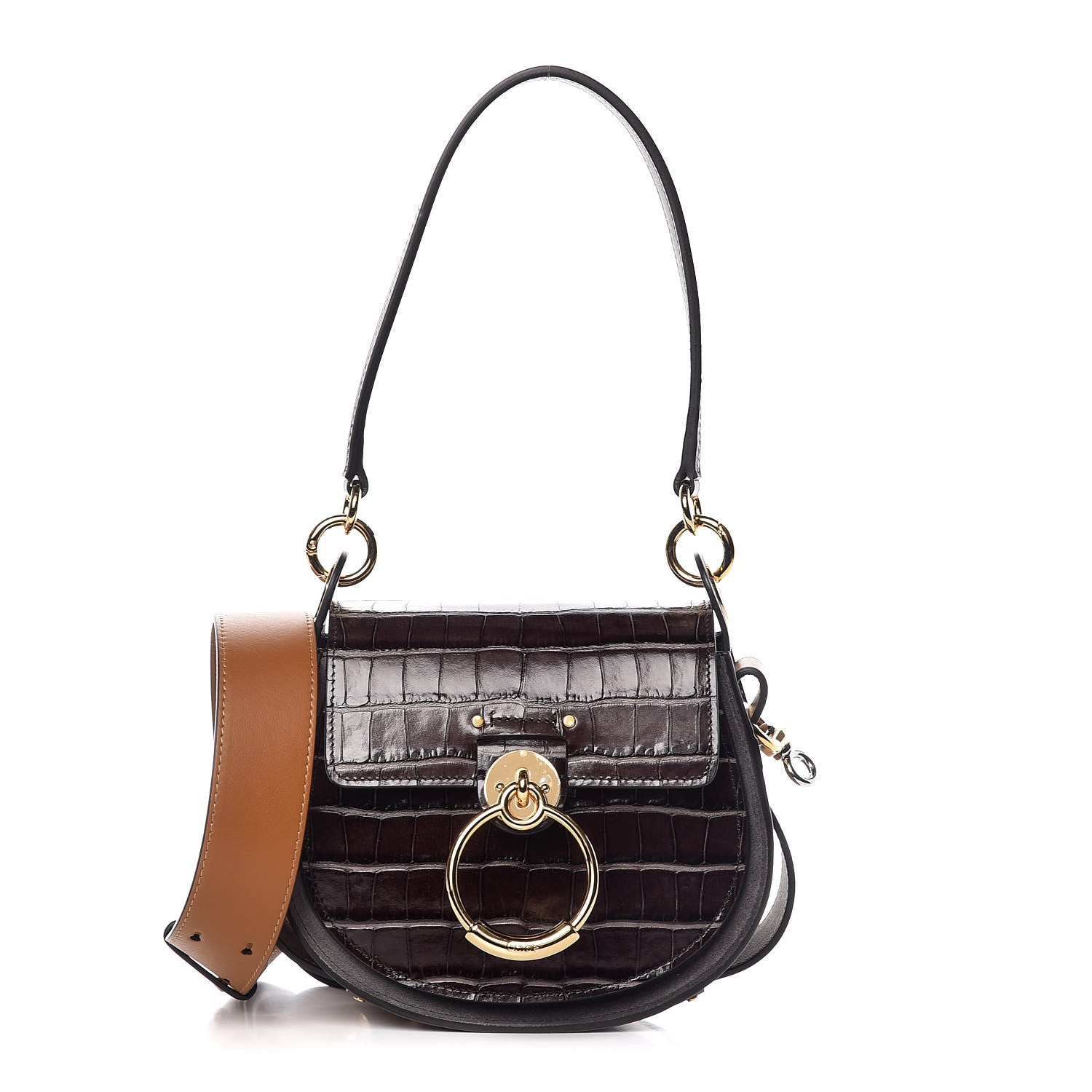 Chloe Calfskin Crocodile Embossed Small Tess Bag Profound Brown 1 of 7