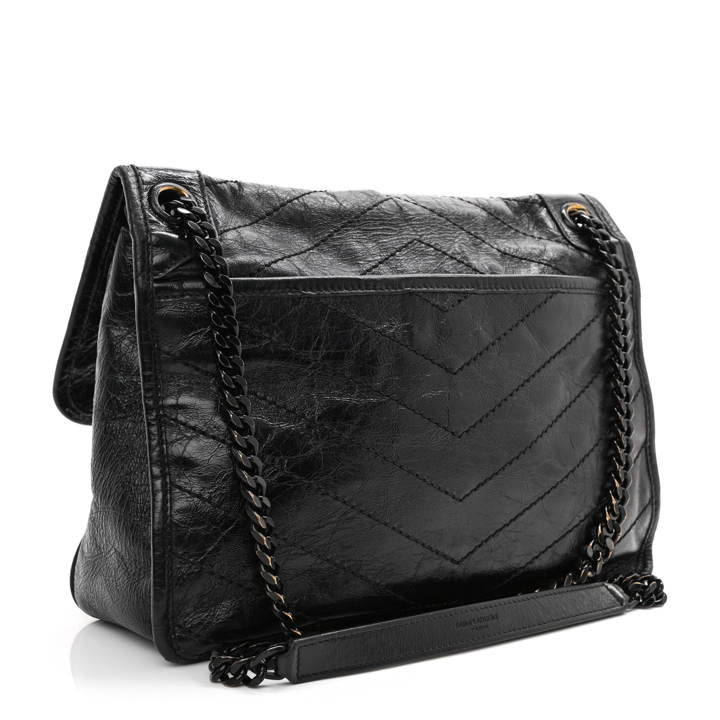 Crinkled Calfskin Matelasse Monogram Medium Niki Chain Satchel Black