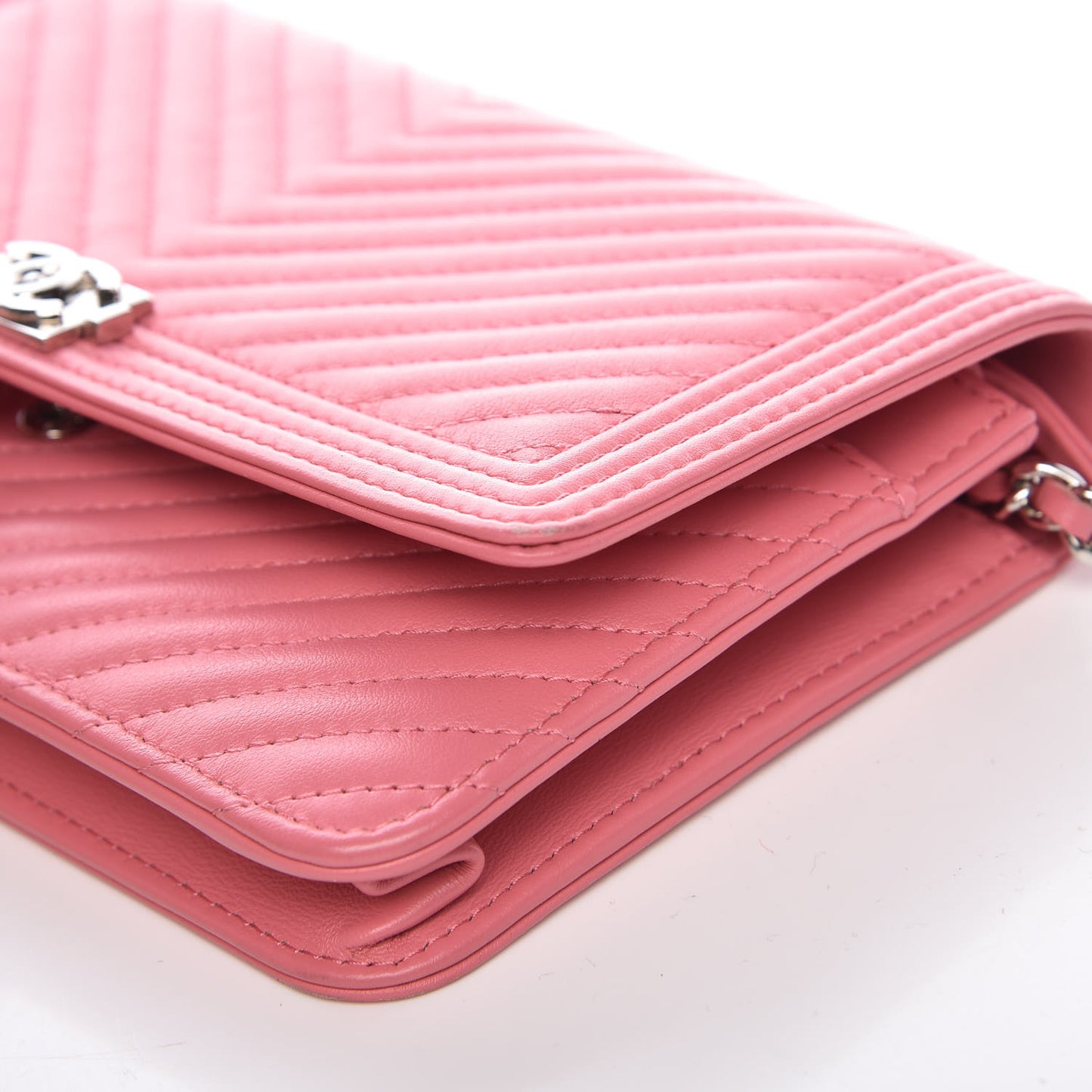 Calfskin Chevron Quilted Boy Wallet On Chain WOC Pink