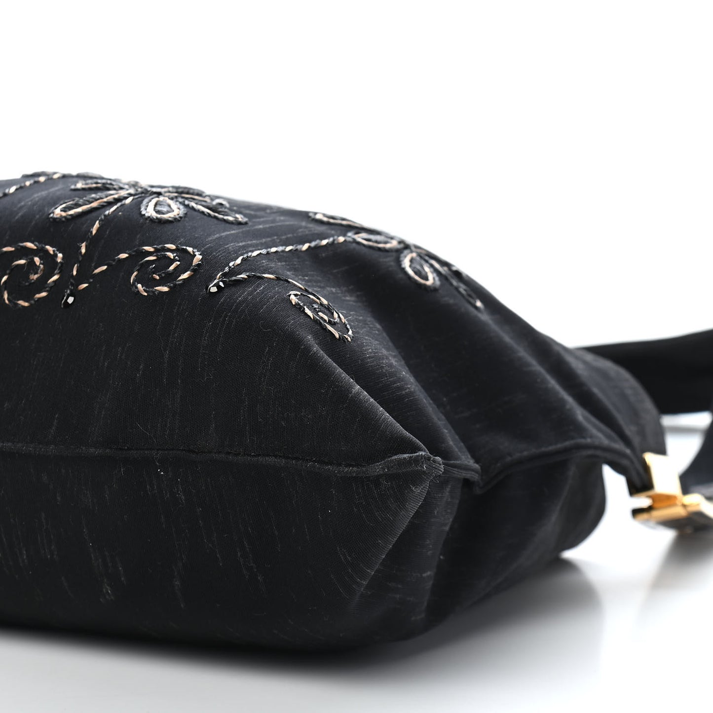 Neoprene Raffia Flower Embroidered Shoulder Bag Black