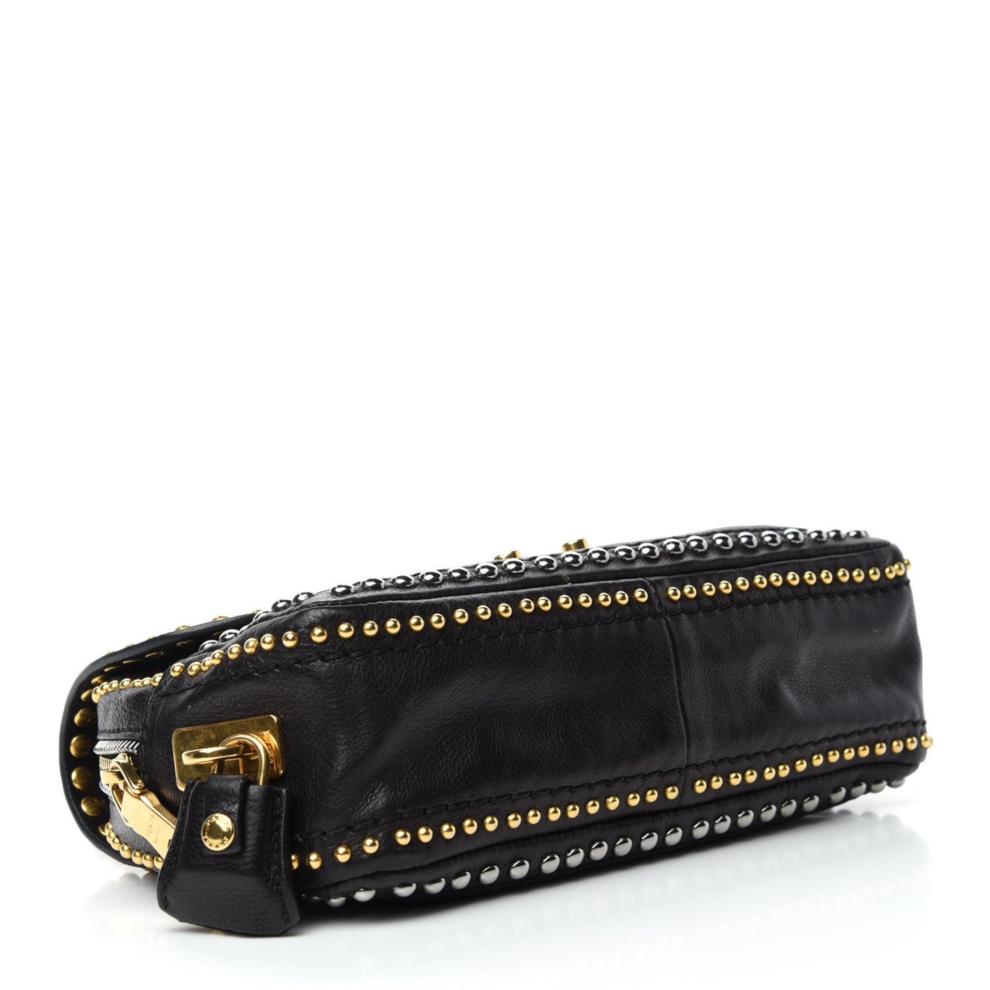 Glace Calf Studded Pushlock Chain Shoulder Bag Black