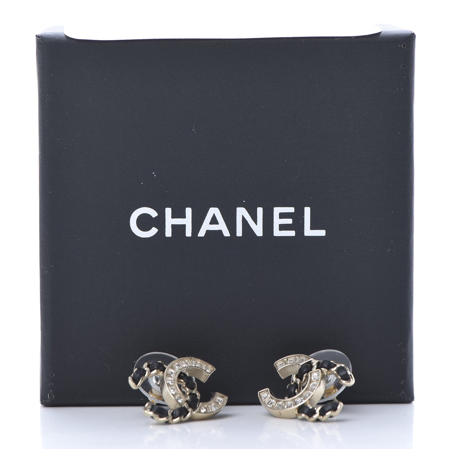 Crystal Baguette Lambskin Chain CC Vintage Allure Stud Earrings Black Gold