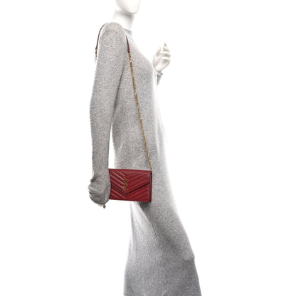 Saint Laurent Grain De Poudre Matelasse Chevron Monogram Envelope Chain Wallet New Red 2 of 11