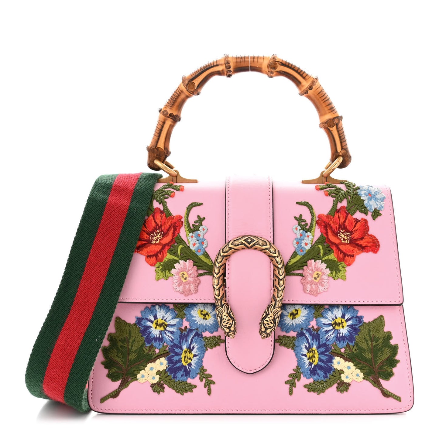 Calfskin Bamboo Web Embroidered Medium Dionysus Top Handle Bag Pink