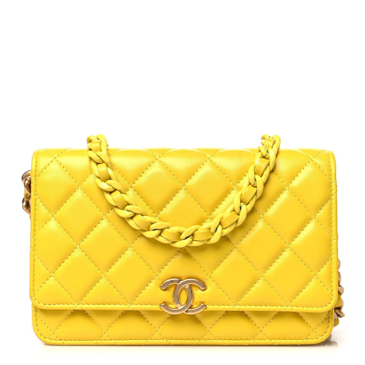 Chanel Lambskin Resin Quilted Wallet On Chain WOC Yellow 1 of 11