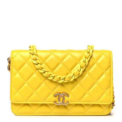 Chanel Lambskin Resin Quilted Wallet On Chain WOC Yellow 1 of 11