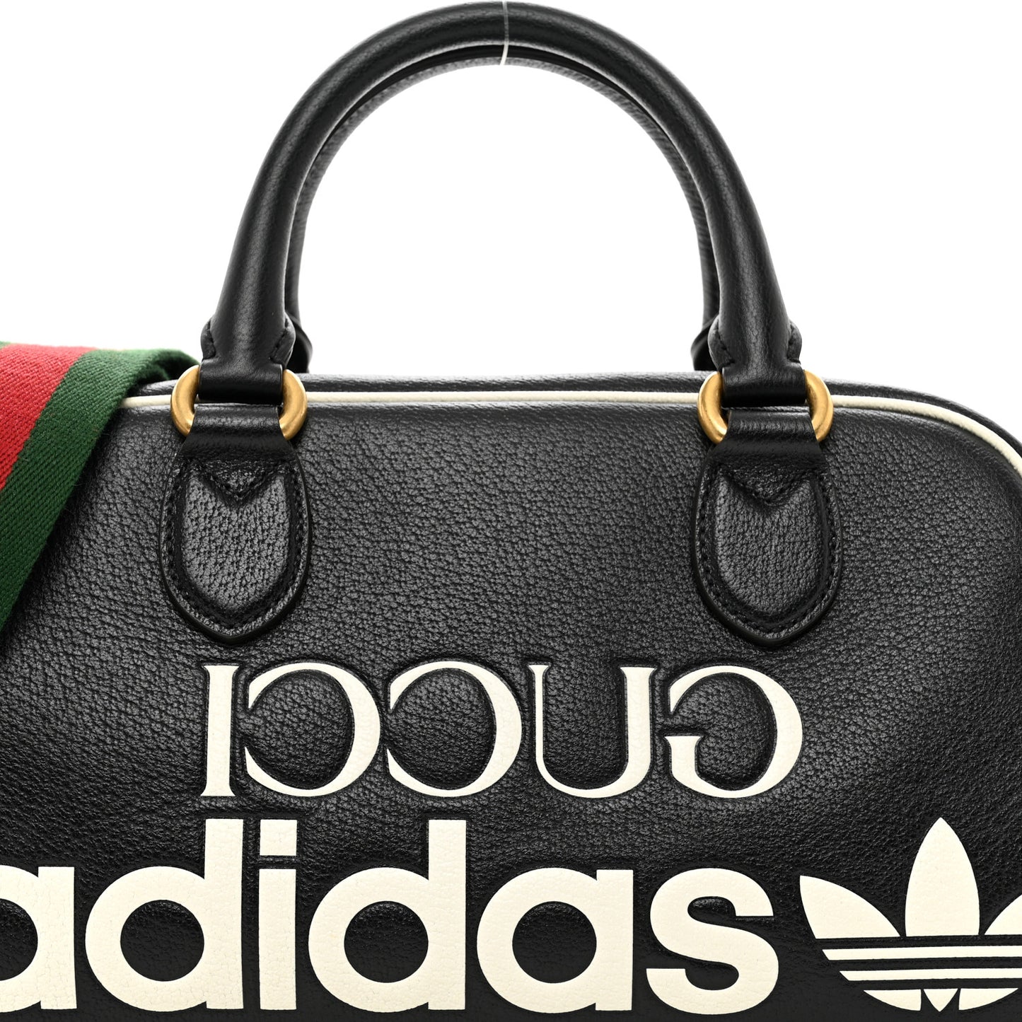 X ADIDAS Textured Dollar Calfskin Web Trefoil Logo Embossed Mini Bowling Bag Black Off White