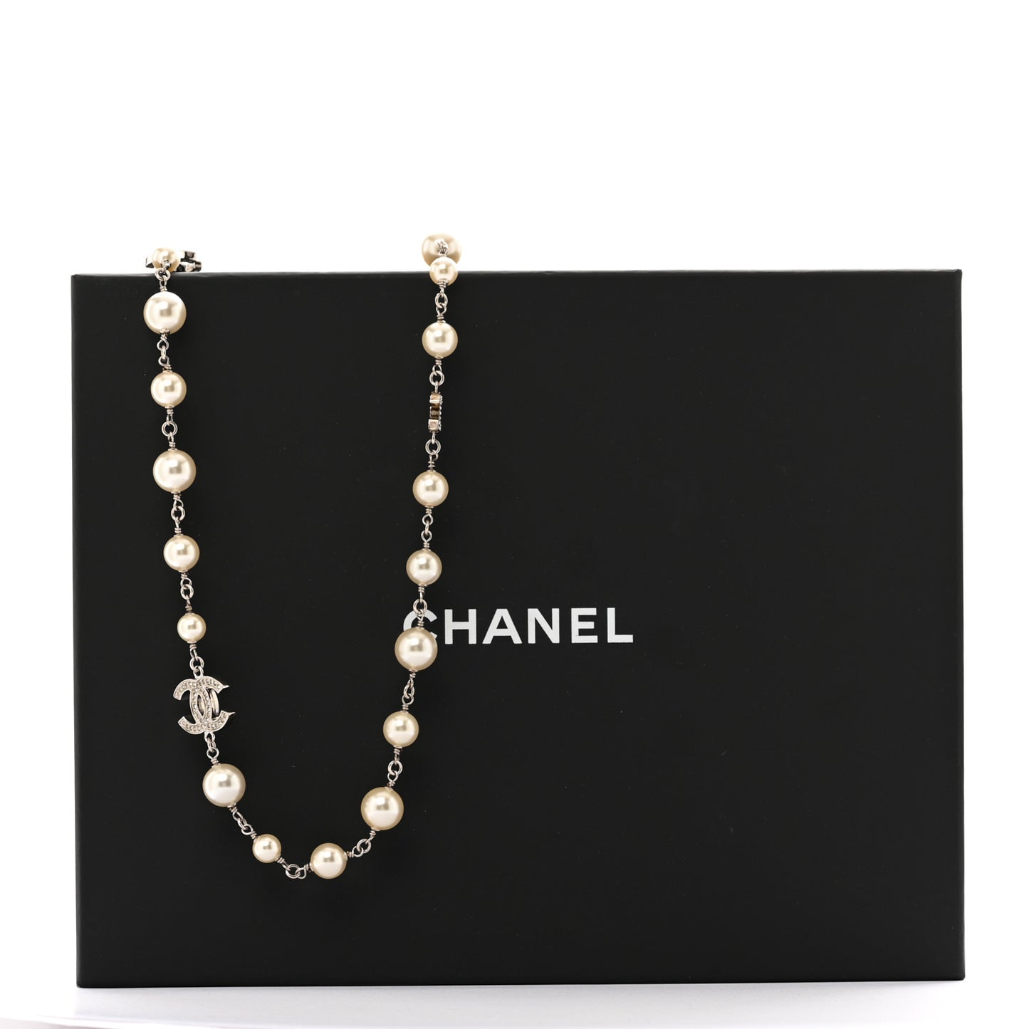 Graduated Pearl Crystal CC Long Necklace Silver