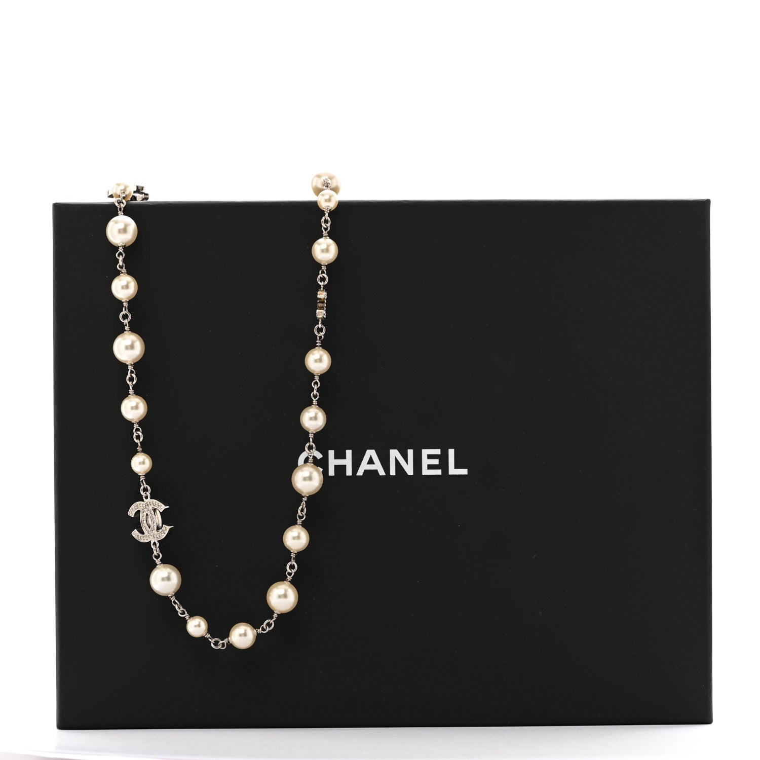 Chanel Graduated Pearl Crystal CC Long Necklace Silver 6 of 6