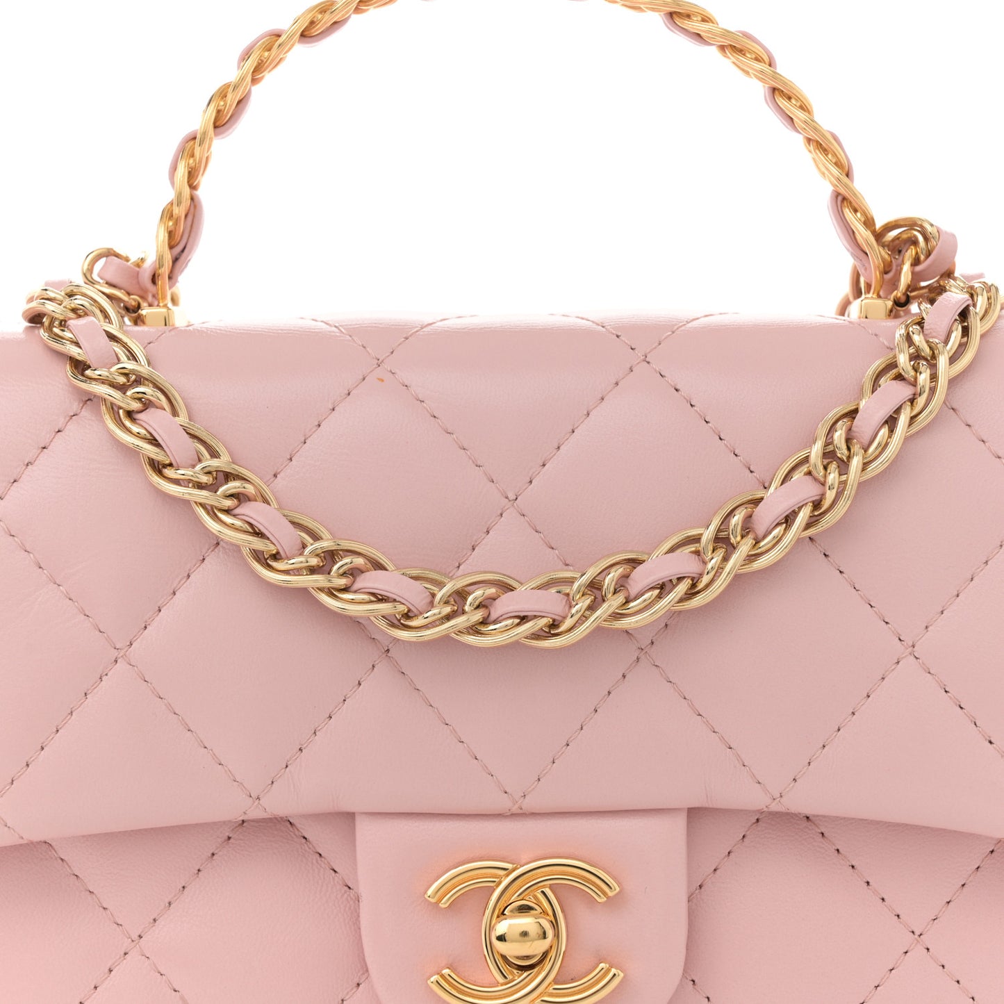 Shiny Lambskin Quilted Golden Links Top Handle Flap Light Pink