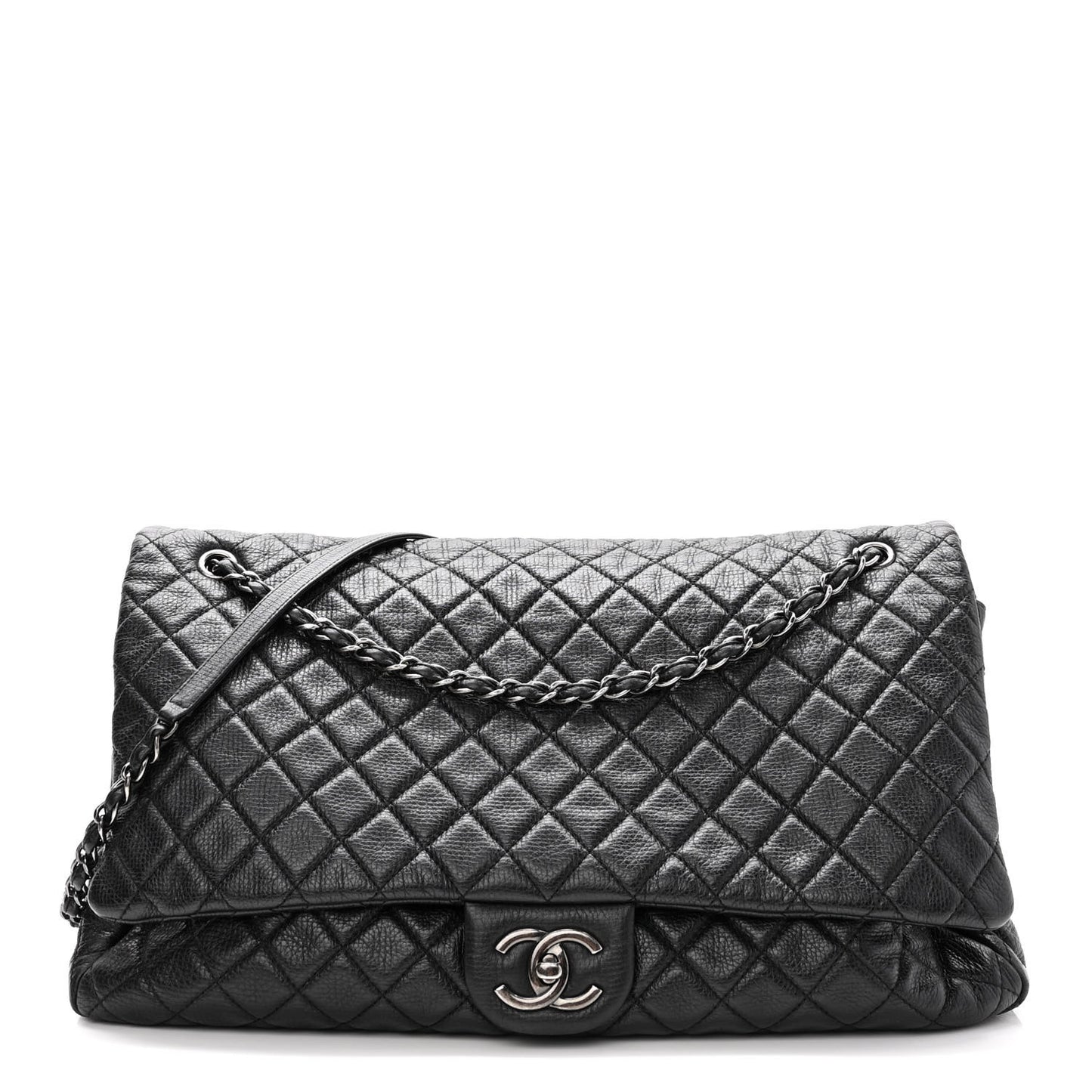 Calfskin Quilted XXL Travel Flap Bag Black