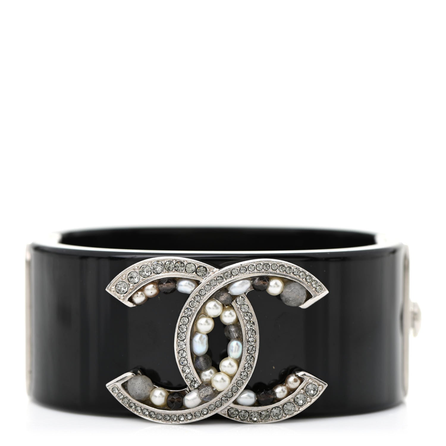 Chanel Resin Pearl Crystal CC Cuff Black 1 of 7
