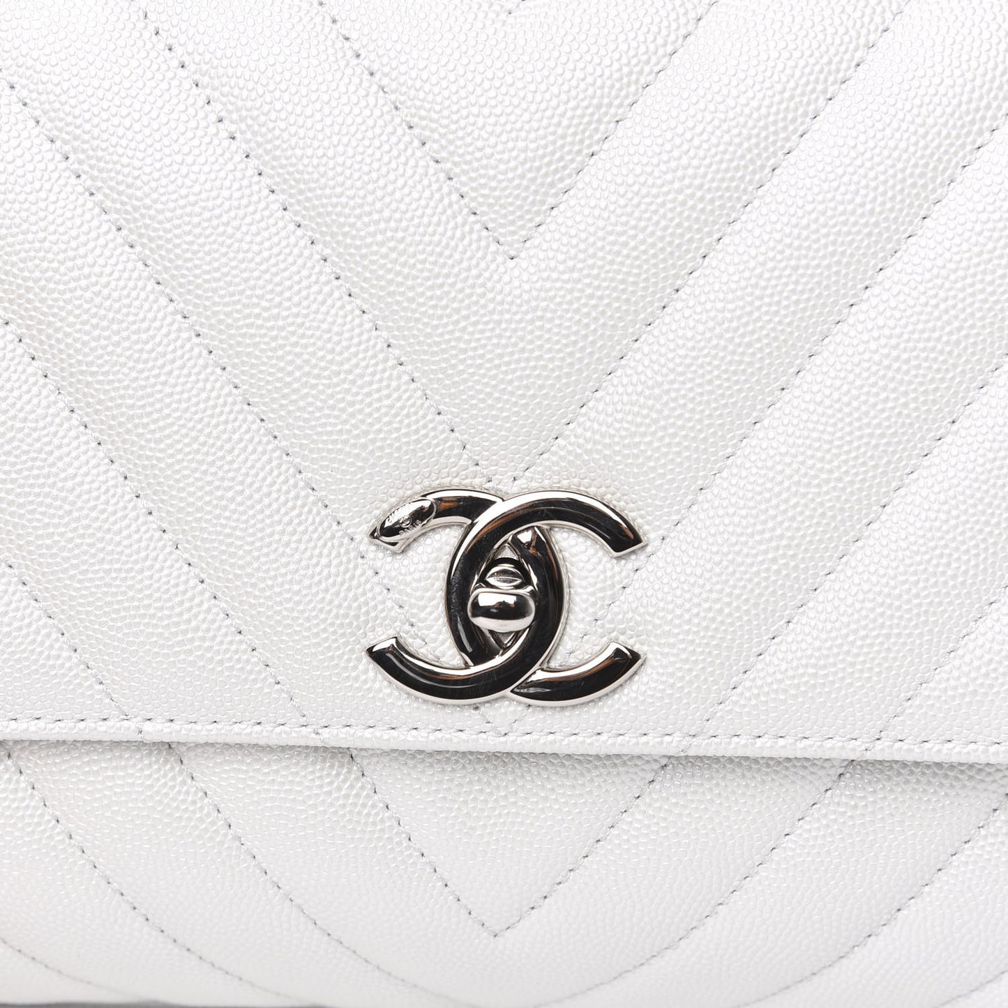 Iridescent Caviar Chevron Quilted Small Coco Handle Flap White