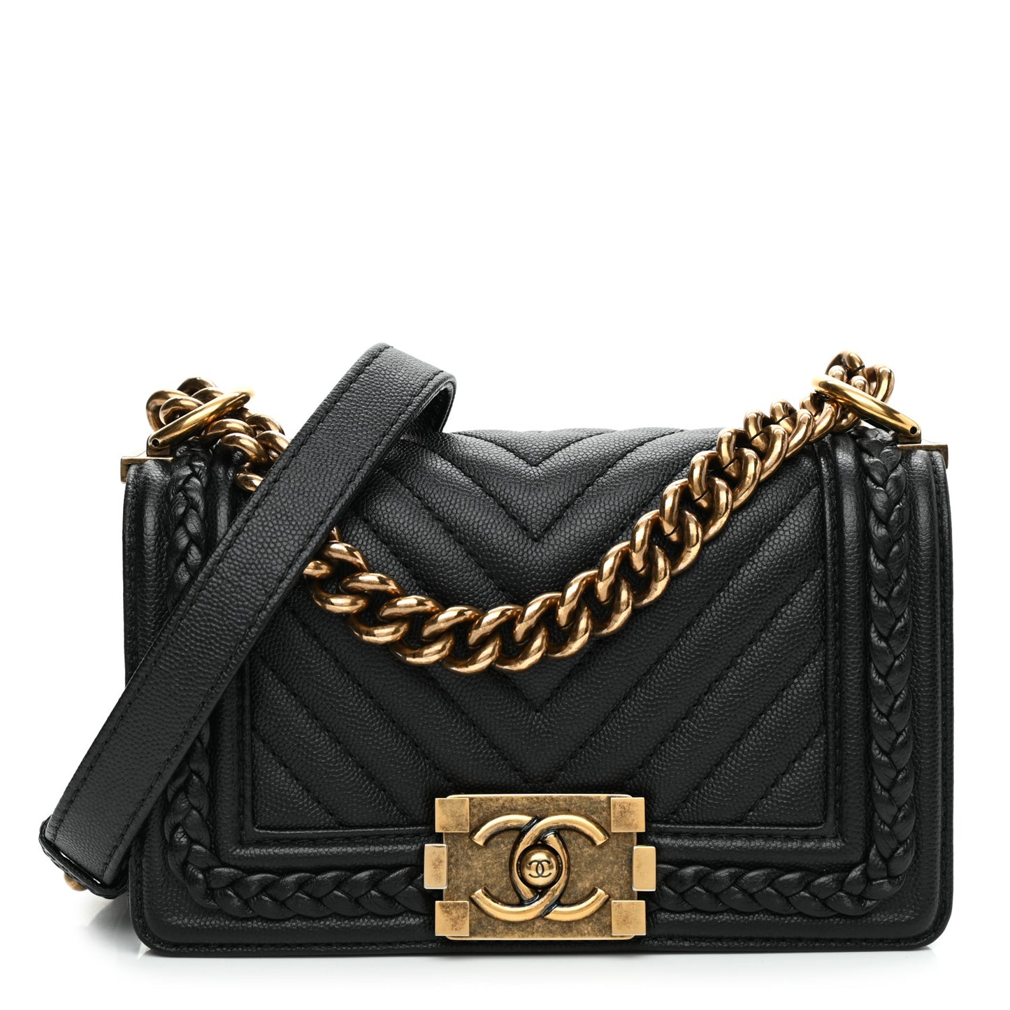 Caviar Chevron Quilted Braided Small Boy Flap Black