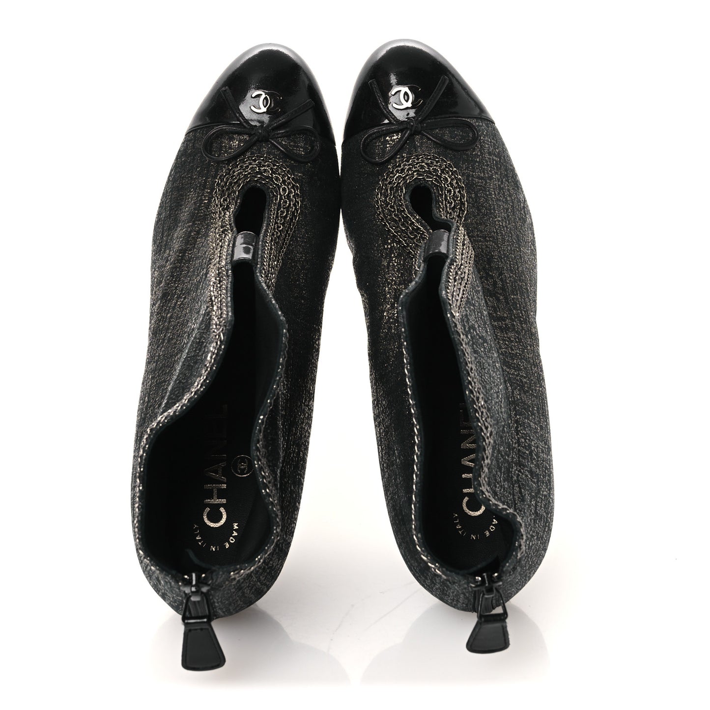Metallic Tweed Patent Cap Toe CC Chain Ankle Booties 40 Black