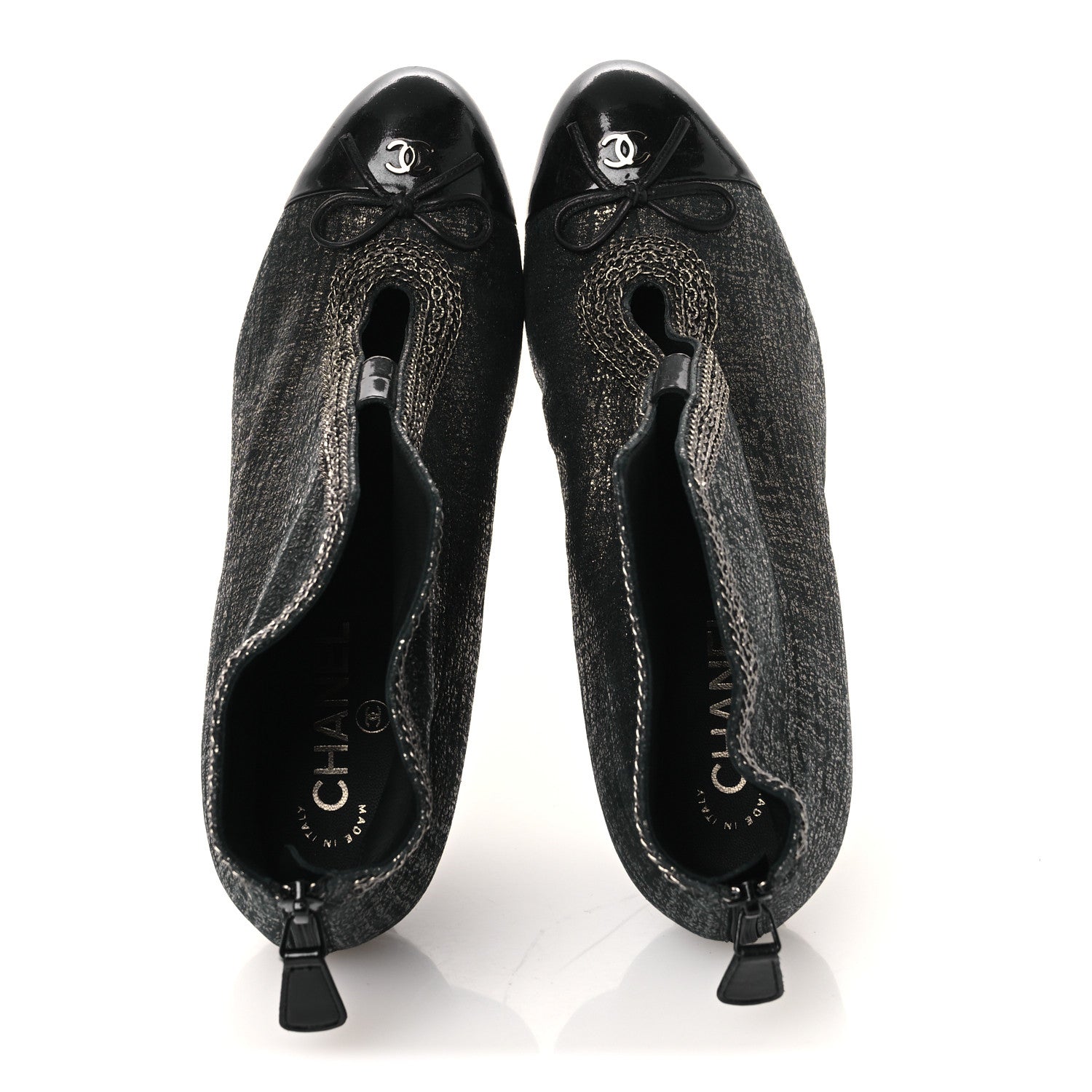 Chanel Metallic Tweed Patent Cap Toe CC Chain Ankle Booties 40 Black 2 of 12