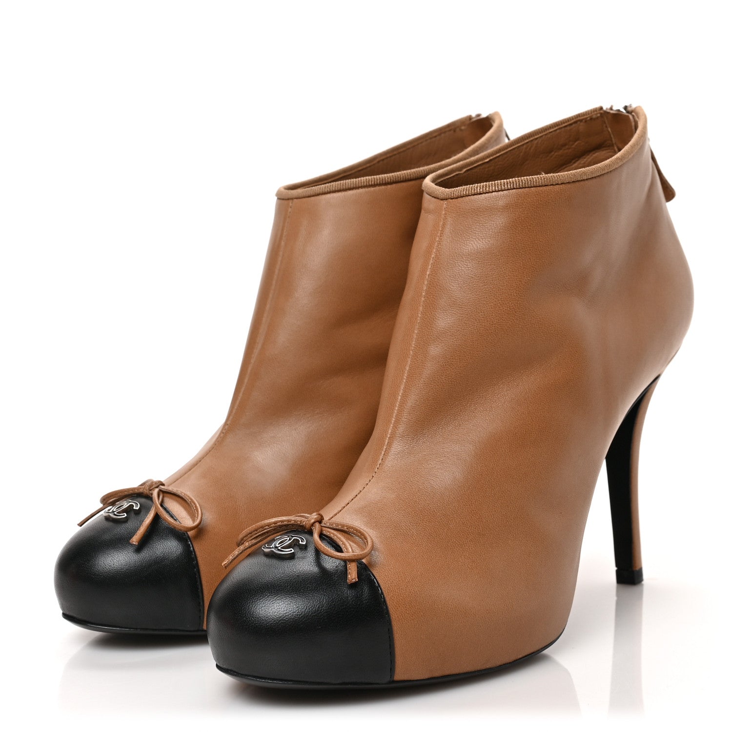 Chanel Lambskin CC Bow Cap Toe Short Boots 40 Marron Clair Black 3 of 8