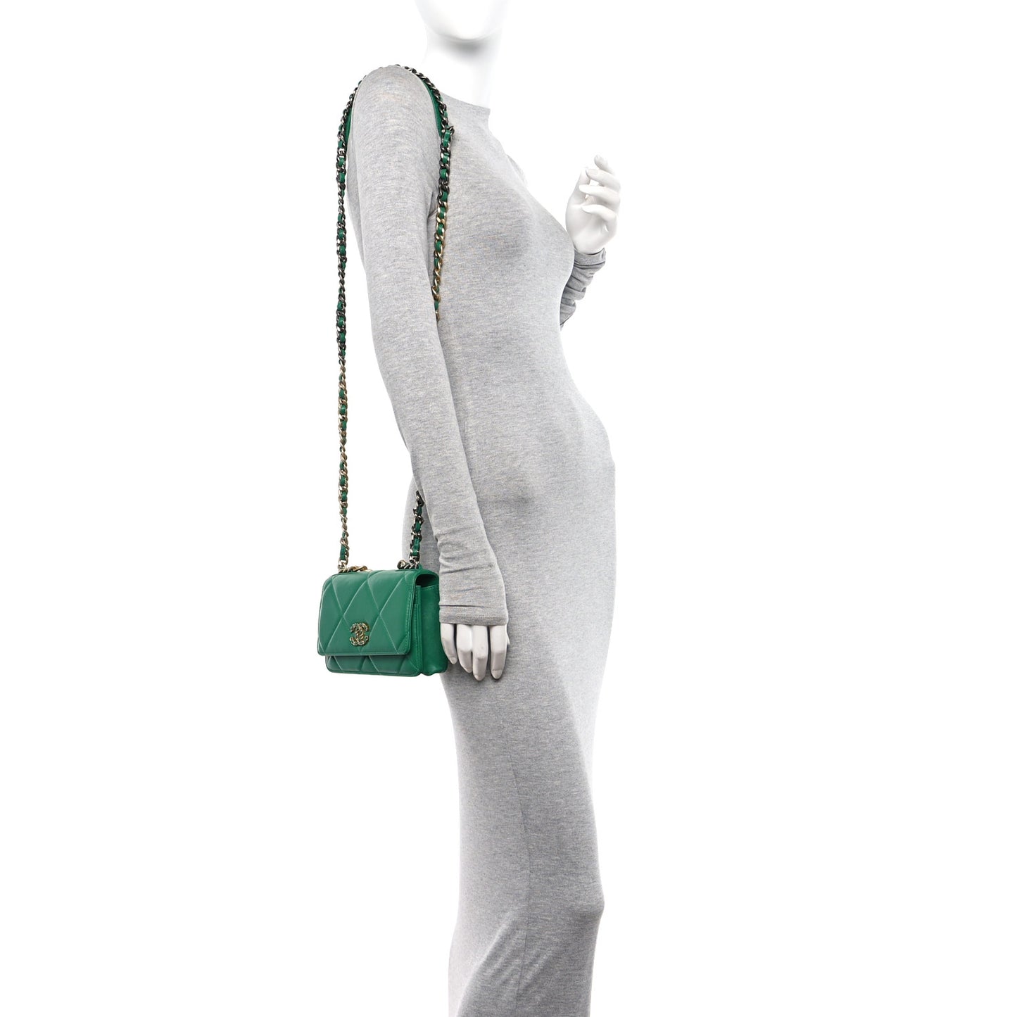 Lambskin Quilted Chanel 19 Wallet On Chain WOC Green