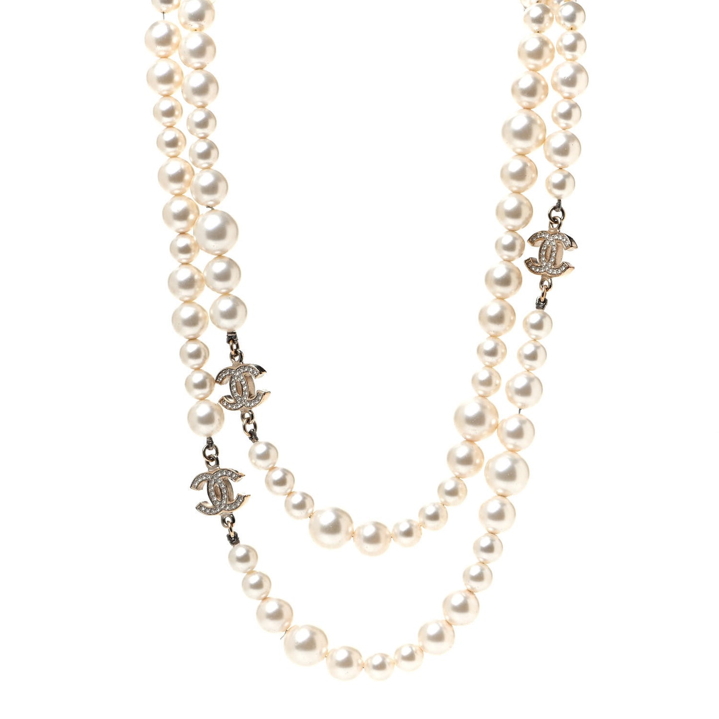Graduated Pearl Crystal CC Long Necklace Gold Black