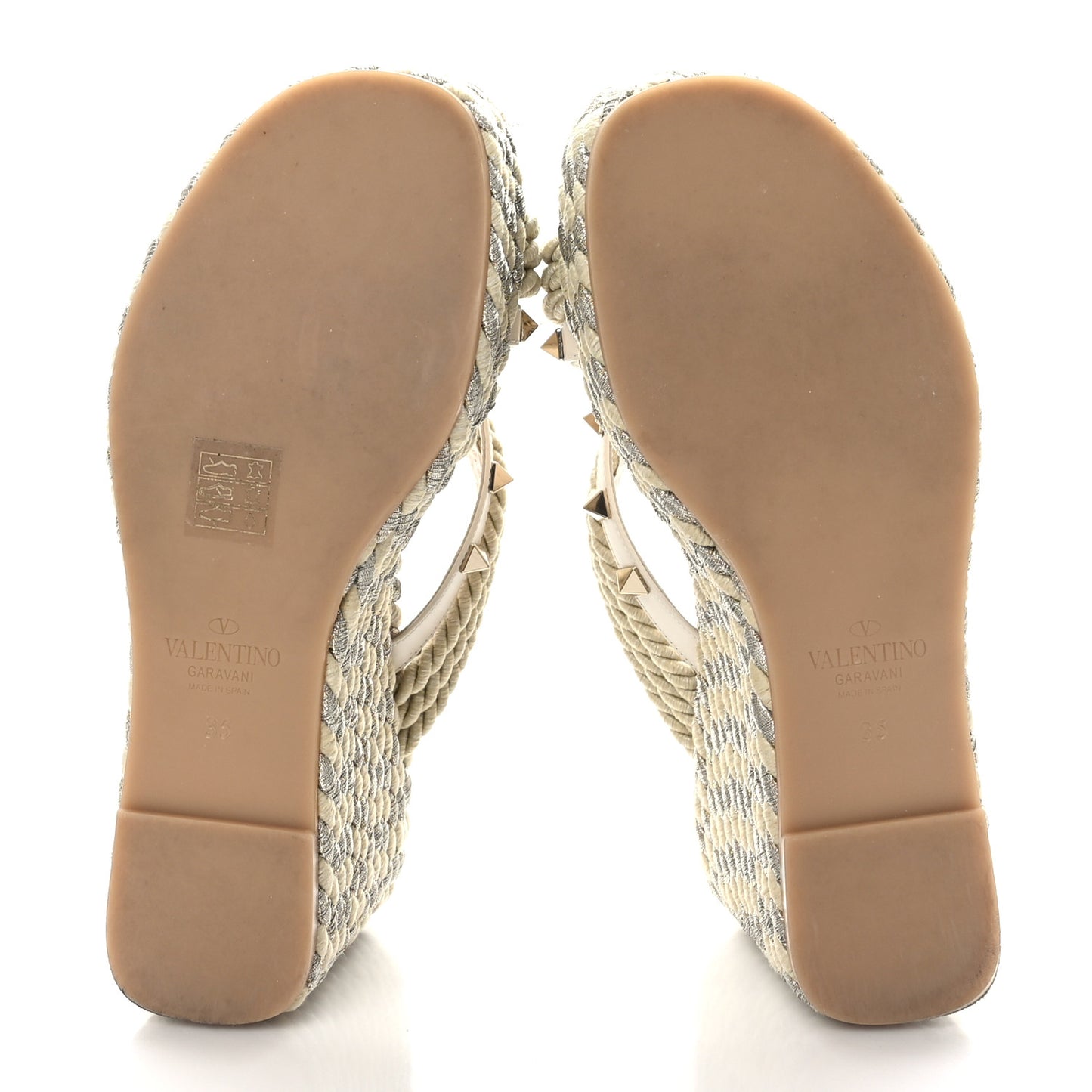 Calfskin Silk Rockstud Torchon Espadrille Wedge 25/95mm Slide Sandals 35 Light Ivory